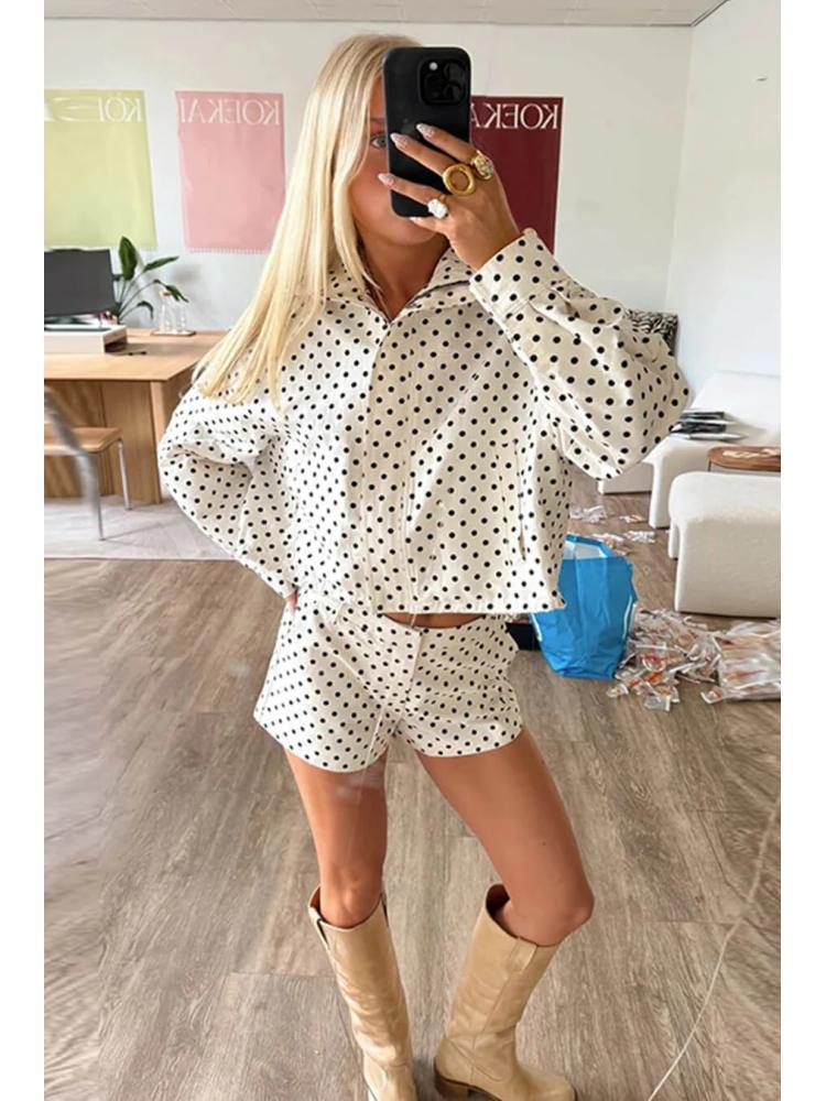 Polka Dot Zipper Jacket & Shorts Set - Taydiane