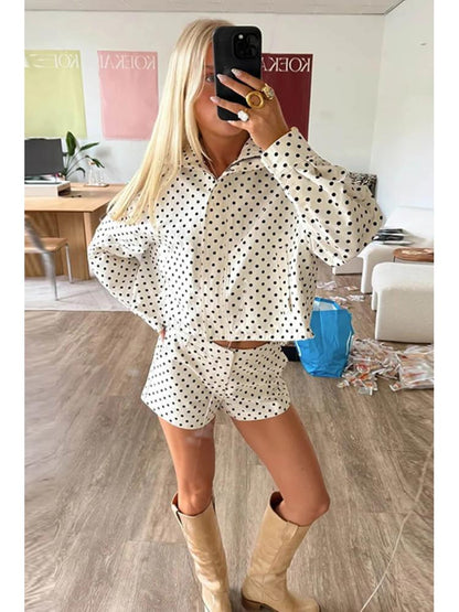 Polka Dot Zipper Jacket & Shorts Set - Taydiane