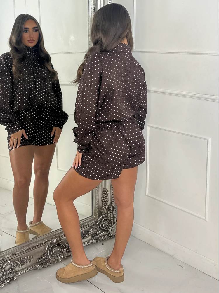 Polka Dot Zipper Jacket & Shorts Set - Taydiane