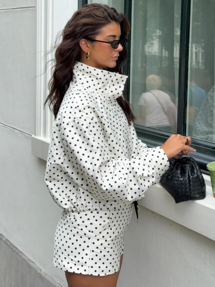 Polka Dot Zipper Jacket & Shorts Set - Taydiane