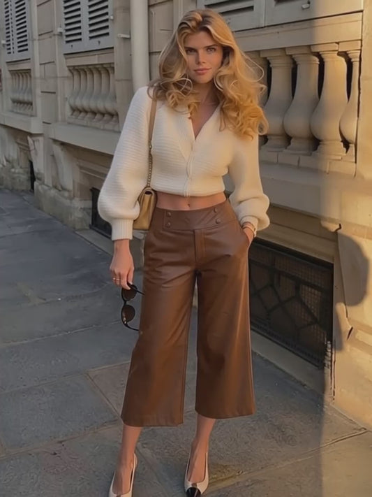 City Charm Button Detail Faux Leather Cropped Pants