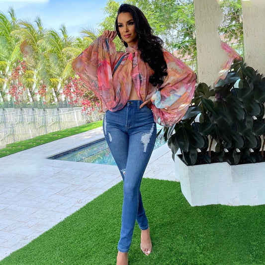 Printed Loose Long Sleeve Split Top - TayDiane