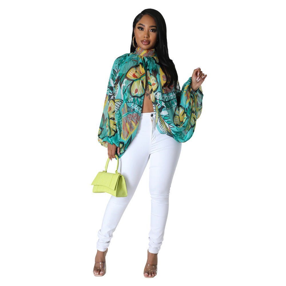 Printed Loose Long Sleeve Split Top - TayDiane