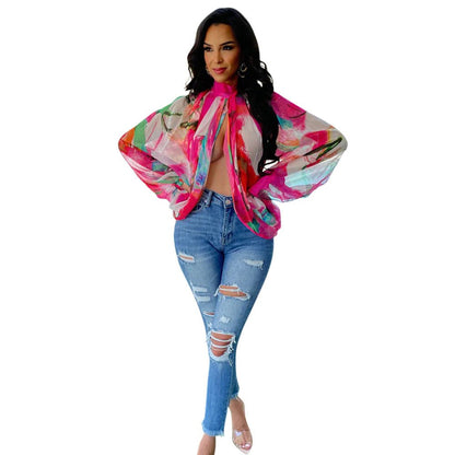 Printed Loose Long Sleeve Split Top - TayDiane