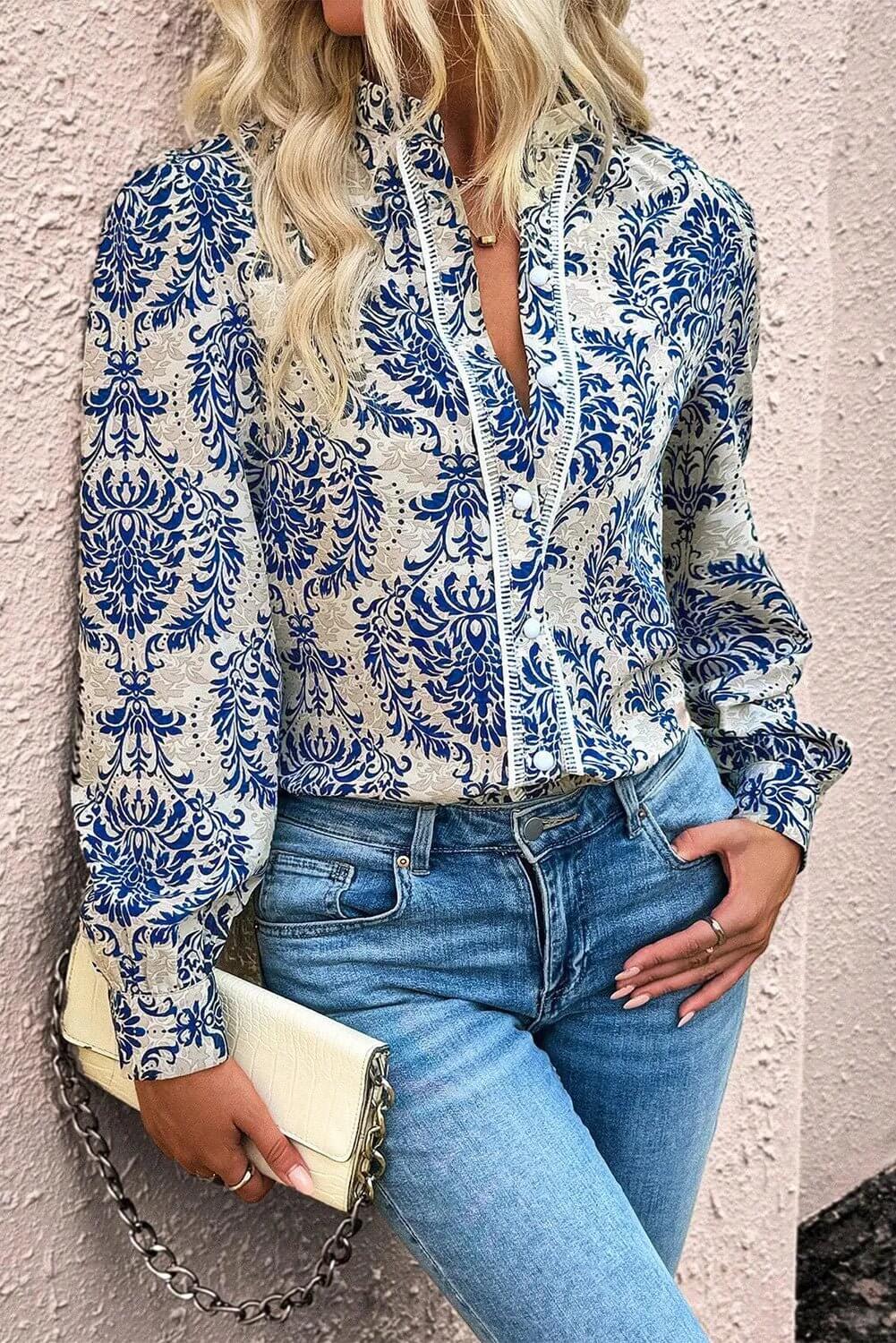 Printed Mock Neck Long Sleeve Shirt - TayDiane