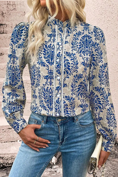 Printed Mock Neck Long Sleeve Shirt - TayDiane