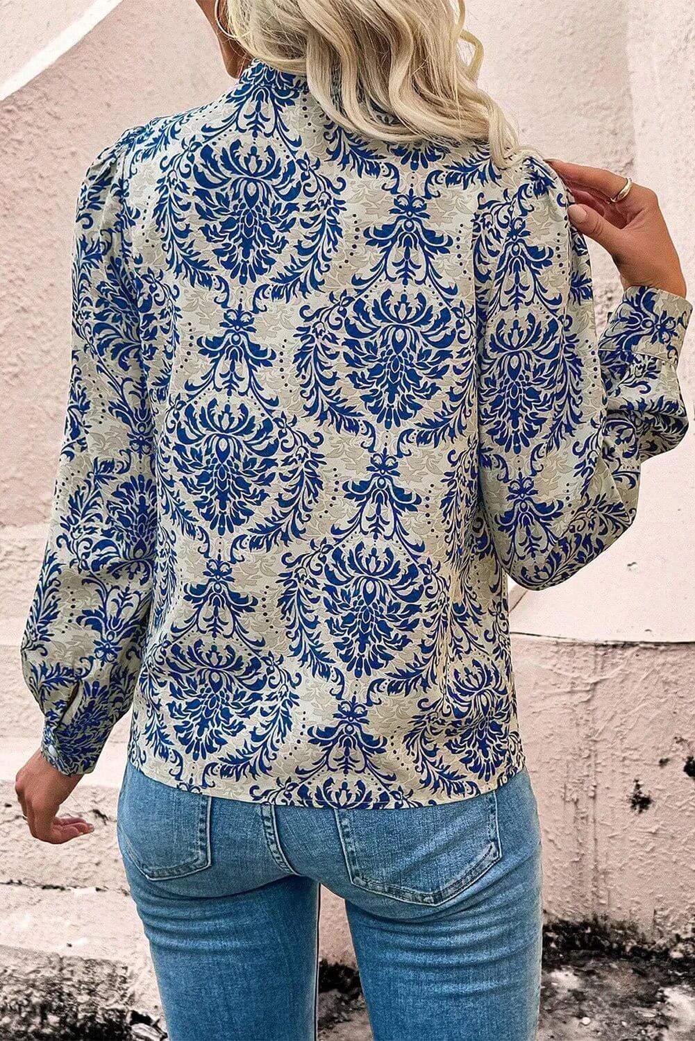 Printed Mock Neck Long Sleeve Shirt - TayDiane