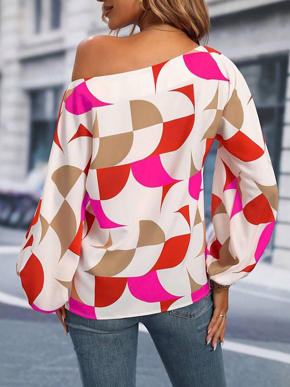 Printed One Shoulder Balloon Sleeve Blouse - TayDiane