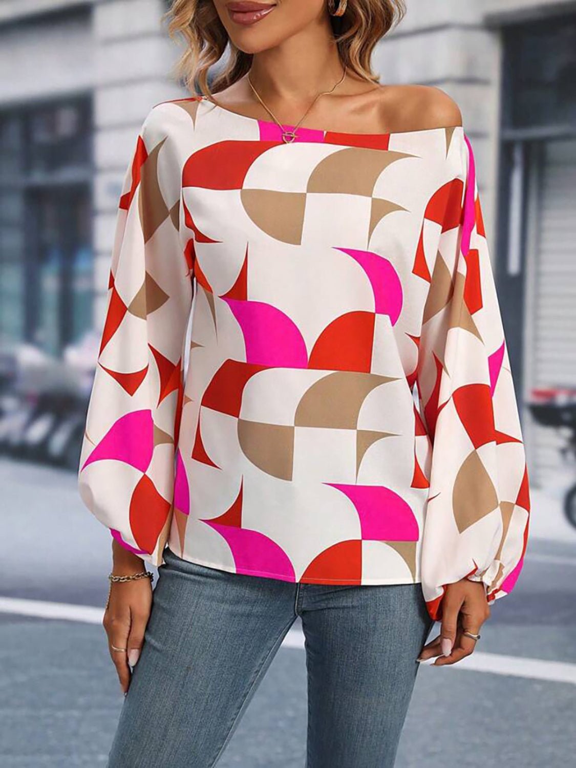 Printed One Shoulder Balloon Sleeve Blouse - TayDiane