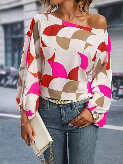 Printed One Shoulder Balloon Sleeve Blouse - TayDiane