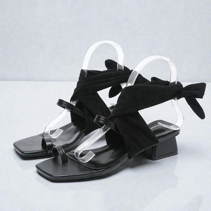 Printed Scarf Tie Block Heel Sandals - Taydiane