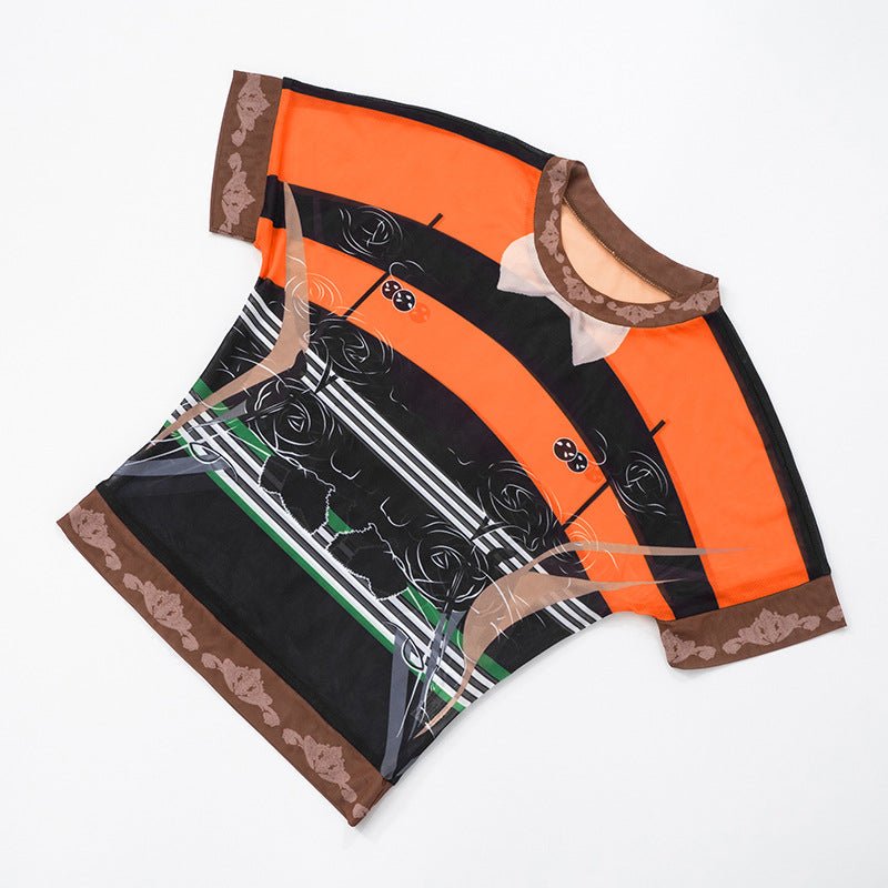 Printed Sheer Mesh Elastic Waist Two Piece - TayDiane