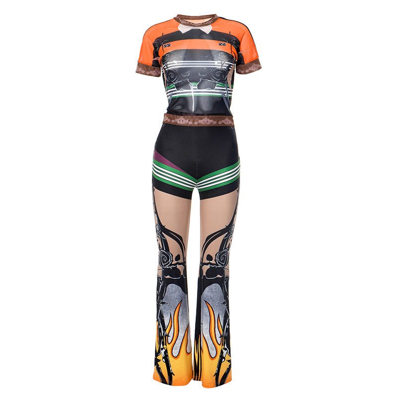 Printed Sheer Mesh Elastic Waist Two Piece - TayDiane