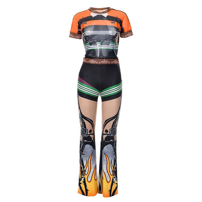 Printed Sheer Mesh Elastic Waist Two Piece - TayDiane