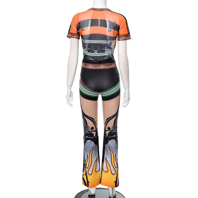 Printed Sheer Mesh Elastic Waist Two Piece - TayDiane