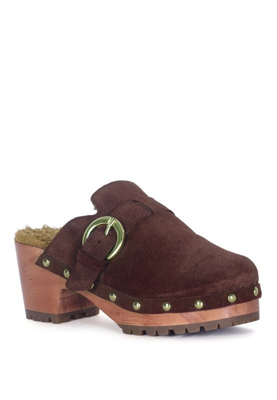 PRUNUS BUCKLED SUEDE ROUND TOE MULE CLOGS - TayDiane