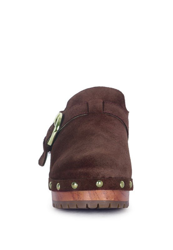 PRUNUS BUCKLED SUEDE ROUND TOE MULE CLOGS - TayDiane