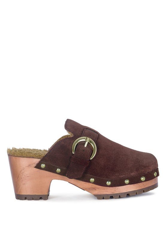 PRUNUS BUCKLED SUEDE ROUND TOE MULE CLOGS - TayDiane