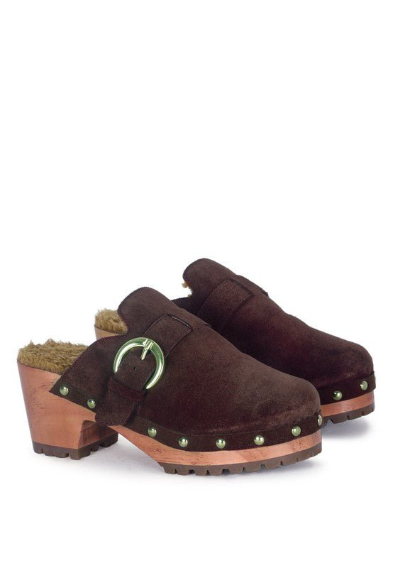 PRUNUS BUCKLED SUEDE ROUND TOE MULE CLOGS - TayDiane