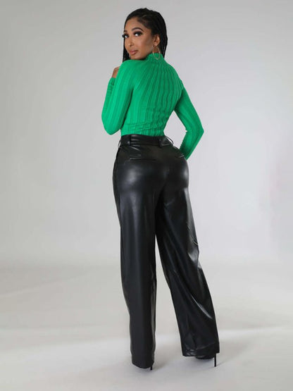 PU Leather Loose Wide - Leg Leather Pants - TayDiane