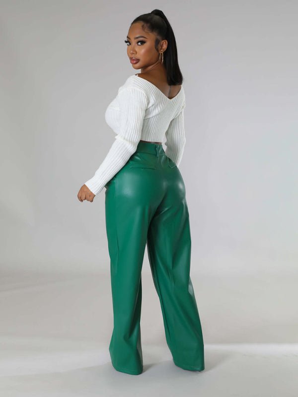 PU Leather Loose Wide - Leg Leather Pants - TayDiane