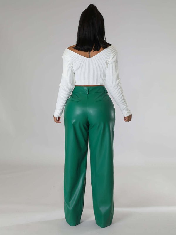 PU Leather Loose Wide - Leg Leather Pants - TayDiane