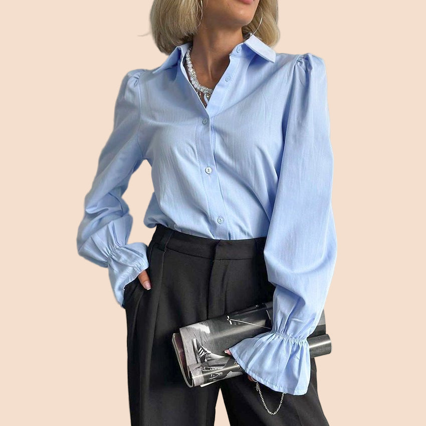 Puff Sleeve Classic Button - Down Blouse - TayDiane