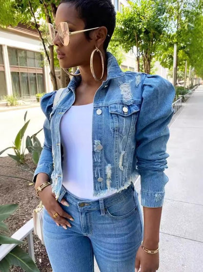 Puff Sleeve Cropped Denim Jacket - TayDiane