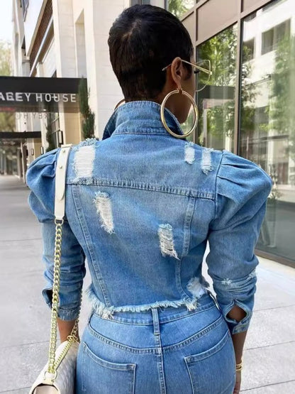 Puff Sleeve Cropped Denim Jacket - TayDiane