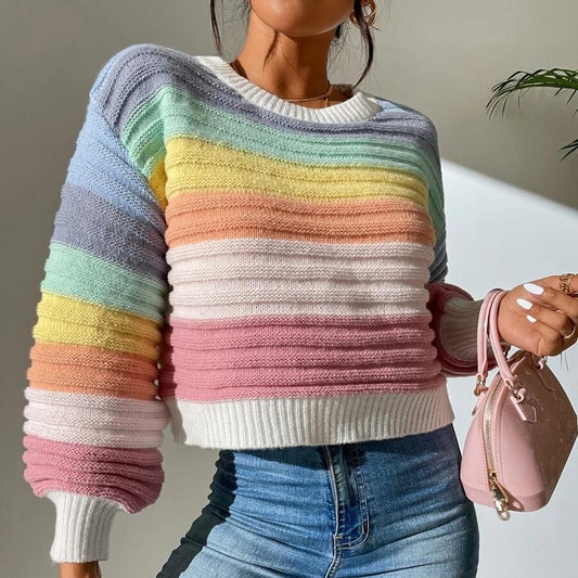 Rainbow Striped Lantern Sleeve Knitted Sweater - TayDiane