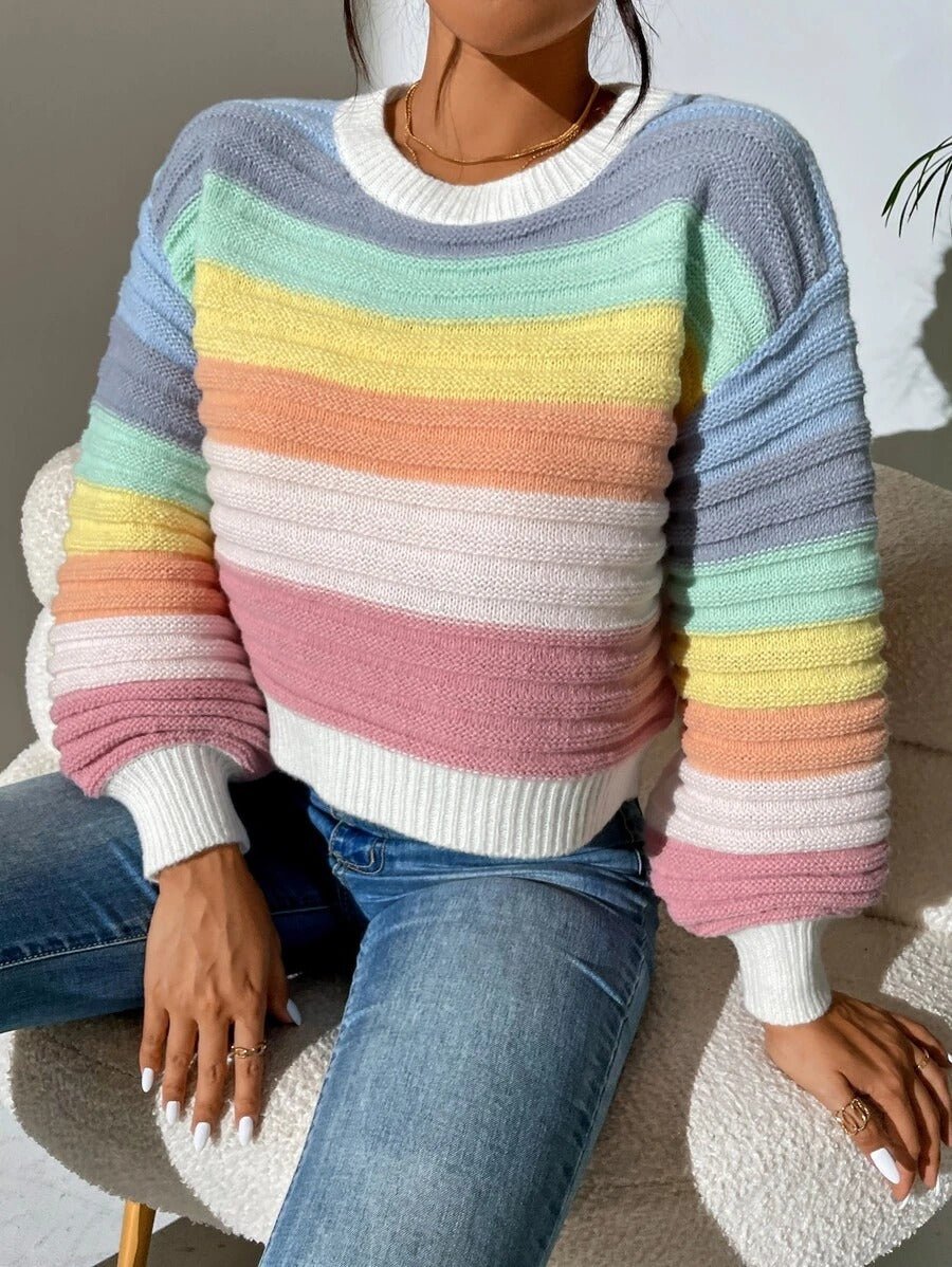 Rainbow Striped Lantern Sleeve Knitted Sweater - TayDiane