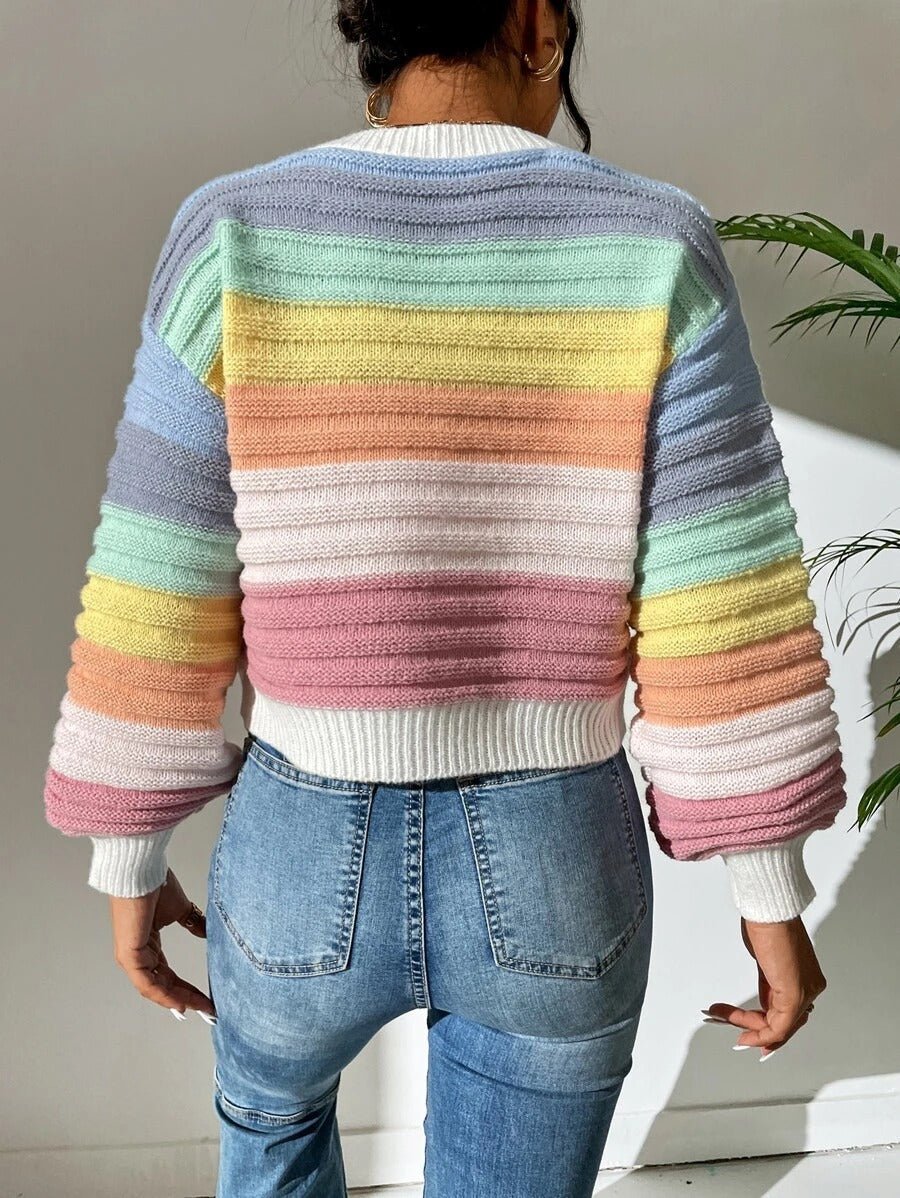 Rainbow Striped Lantern Sleeve Knitted Sweater - TayDiane