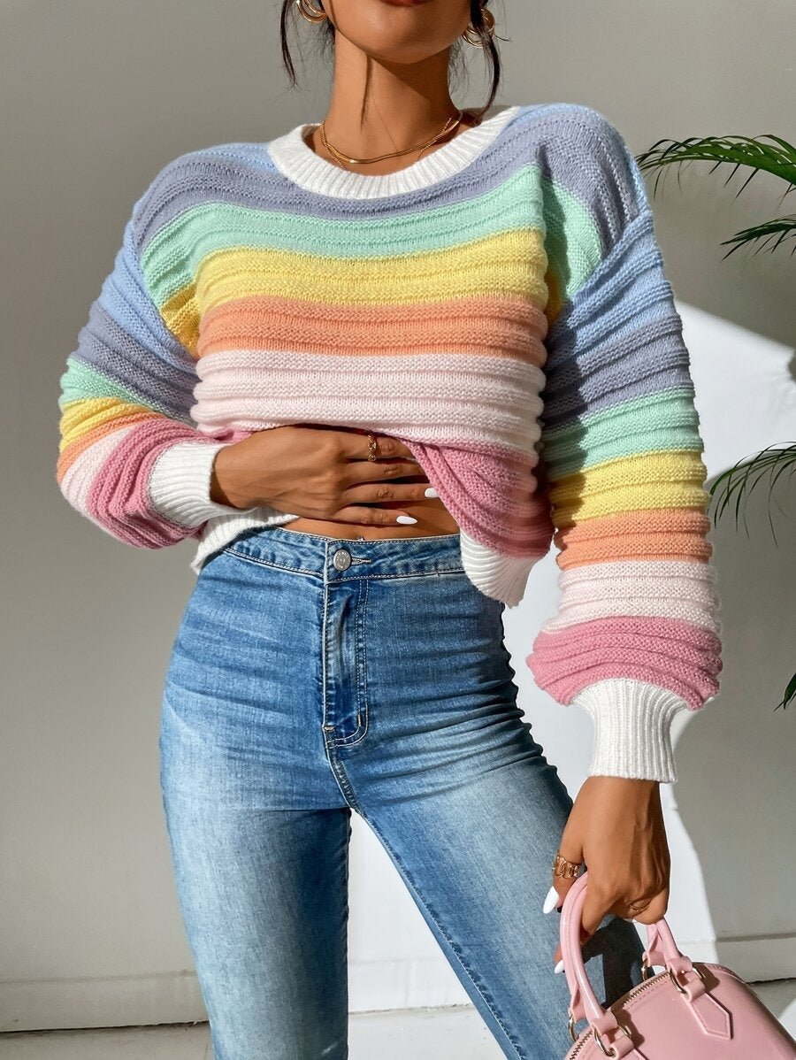 Rainbow Striped Lantern Sleeve Knitted Sweater - TayDiane