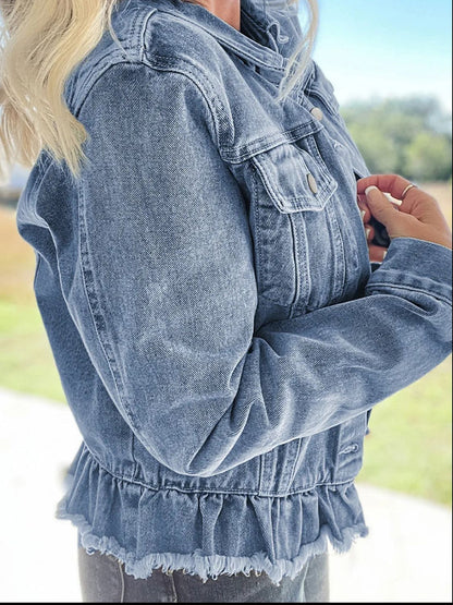 Raw Hem Long Sleeve Denim Jacket - TayDiane