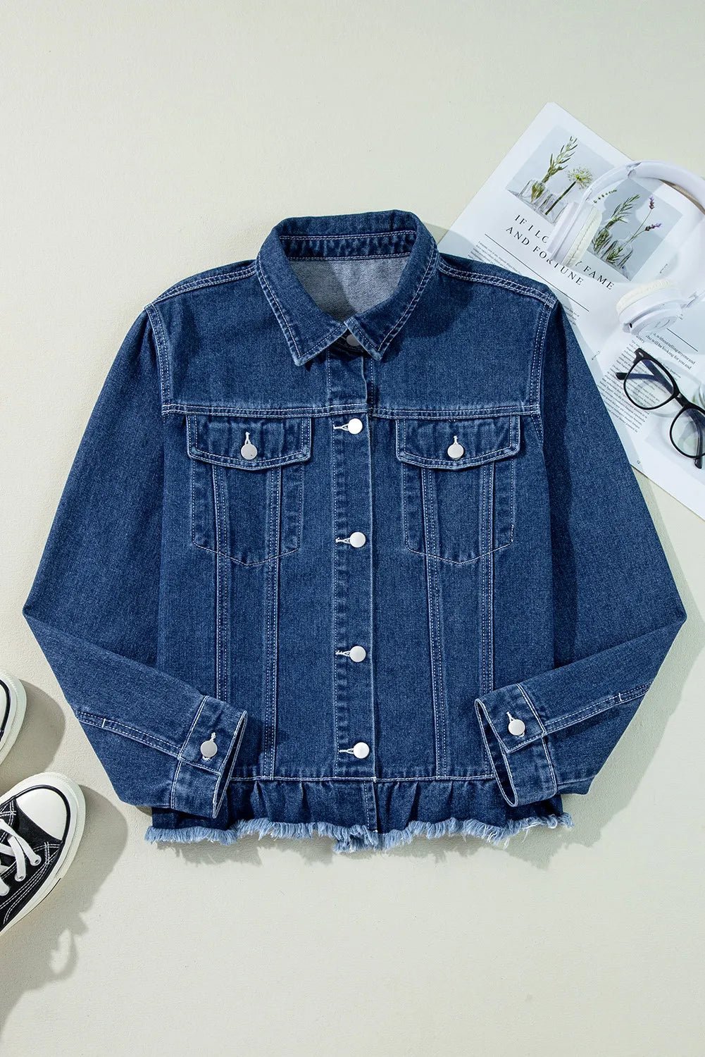 Raw Hem Long Sleeve Denim Jacket - TayDiane