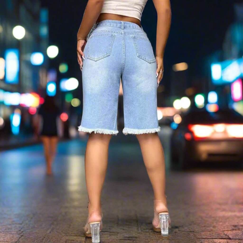 Raw Hem Wide Leg Denim Shorts - TayDiane