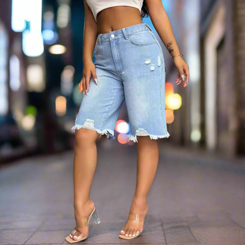 Raw Hem Wide Leg Denim Shorts - TayDiane