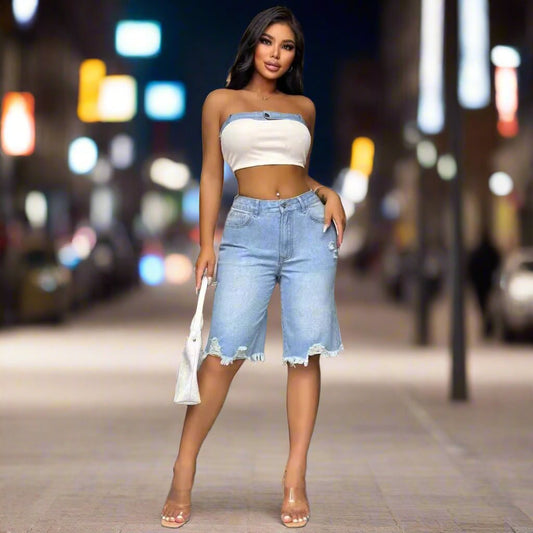 Raw Hem Wide Leg Denim Shorts - TayDiane