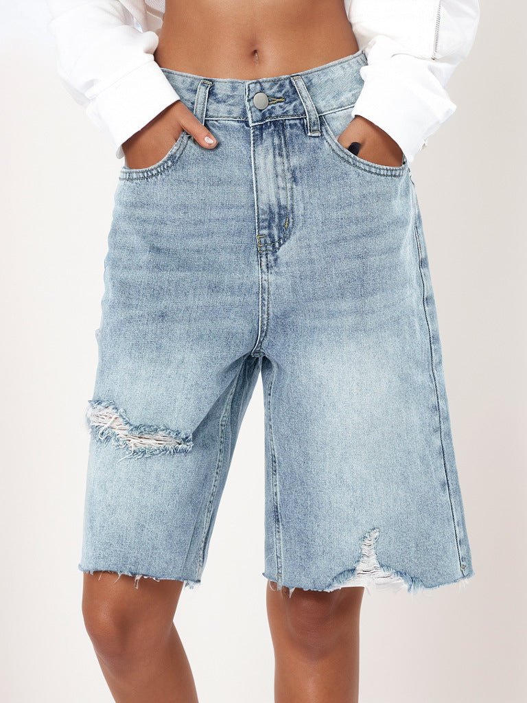 Retro Distressed Raw Hem Bermuda Shorts - TayDiane
