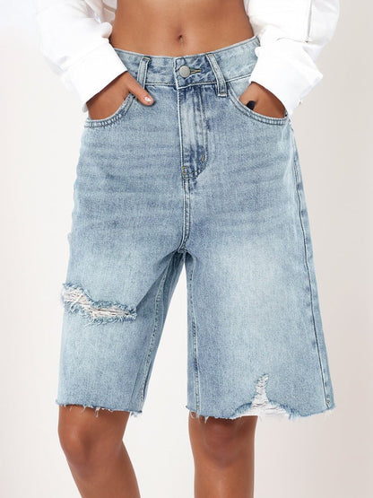 Retro Distressed Raw Hem Bermuda Shorts - TayDiane