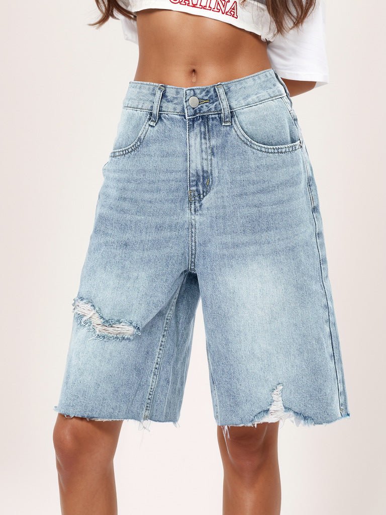 Retro Distressed Raw Hem Bermuda Shorts - TayDiane
