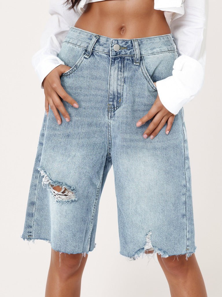 Retro Distressed Raw Hem Bermuda Shorts - TayDiane
