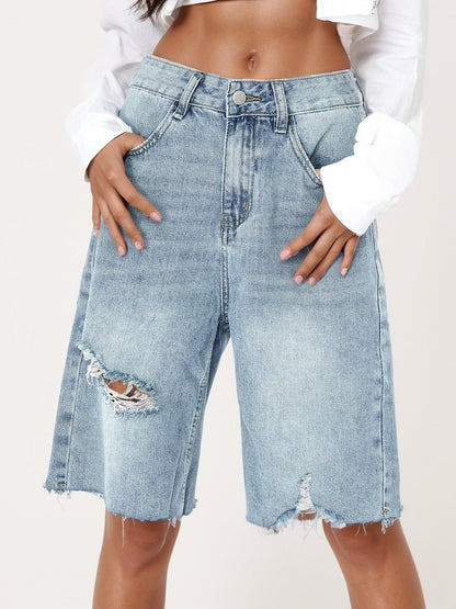 Retro Distressed Raw Hem Bermuda Shorts - TayDiane