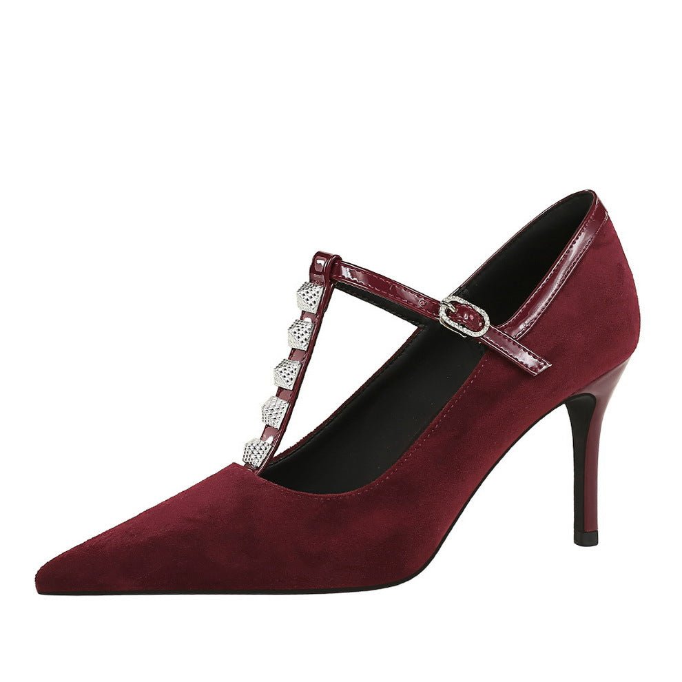 Rhinestone T - Strap Pointed - Toe Heels - TayDiane