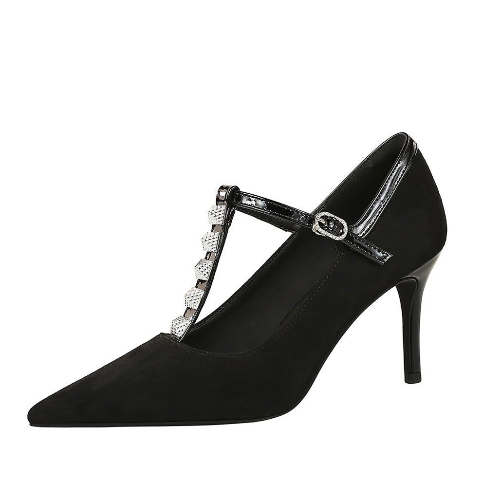 Rhinestone T - Strap Pointed - Toe Heels - TayDiane