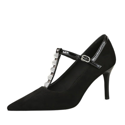 Rhinestone T - Strap Pointed - Toe Heels - TayDiane