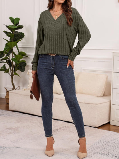 Ribbed V - Neck Long Sleeve Shirt - TayDiane