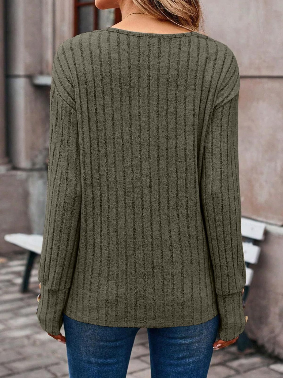 Ribbed V - Neck Long Sleeve Shirt - TayDiane