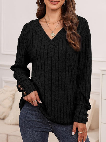 Ribbed V - Neck Long Sleeve Shirt - TayDiane