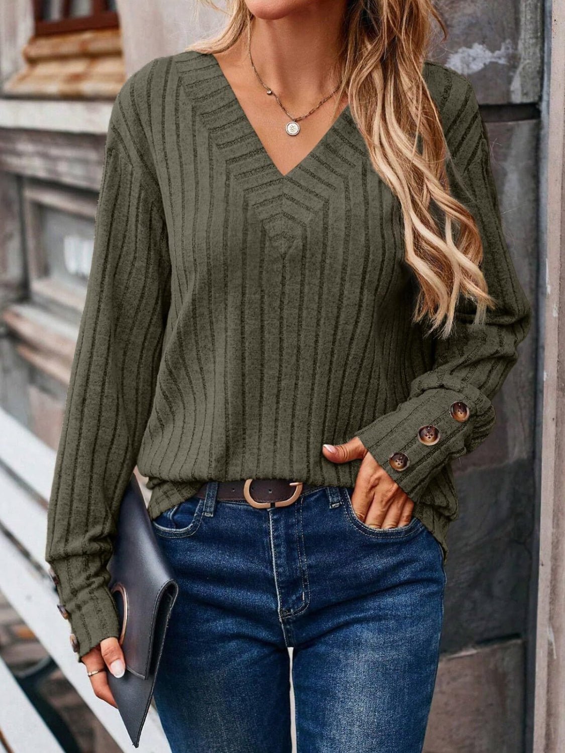 Ribbed V - Neck Long Sleeve Shirt - TayDiane